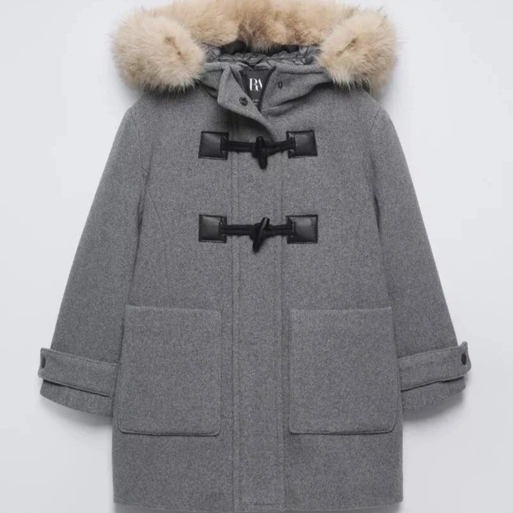 Zara Gray Pea Coat with Faux Fur Trim